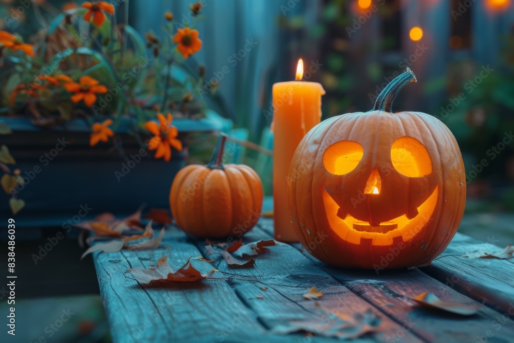 Pair of pumpkins on table with lit candles Pair of pumpkins on table with lit candles