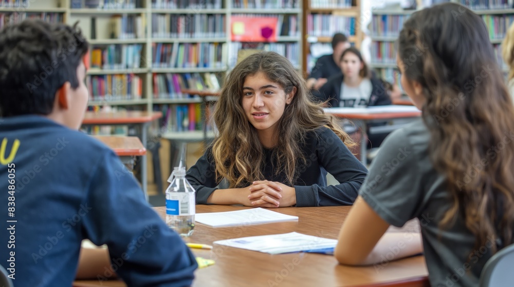 High school students discuss educational projects while sitting at a table in the library High school students discuss educational projects while sitting at a table in the library