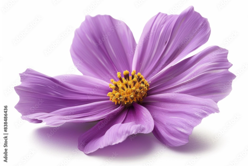 Single purple flower, yellow stamens, white background Single purple flower, yellow stamens, white background