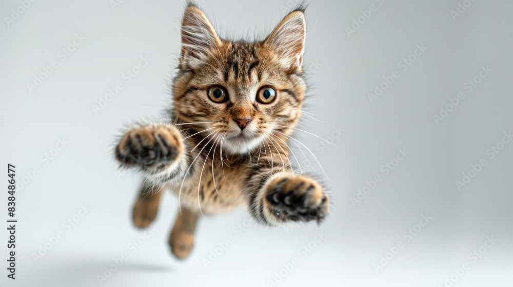 A dynamic full body cat with two legs jumping in a funny pose isolated on a simple white background A dynamic full body cat with two legs jumping in a funny pose isolated on a simple white background