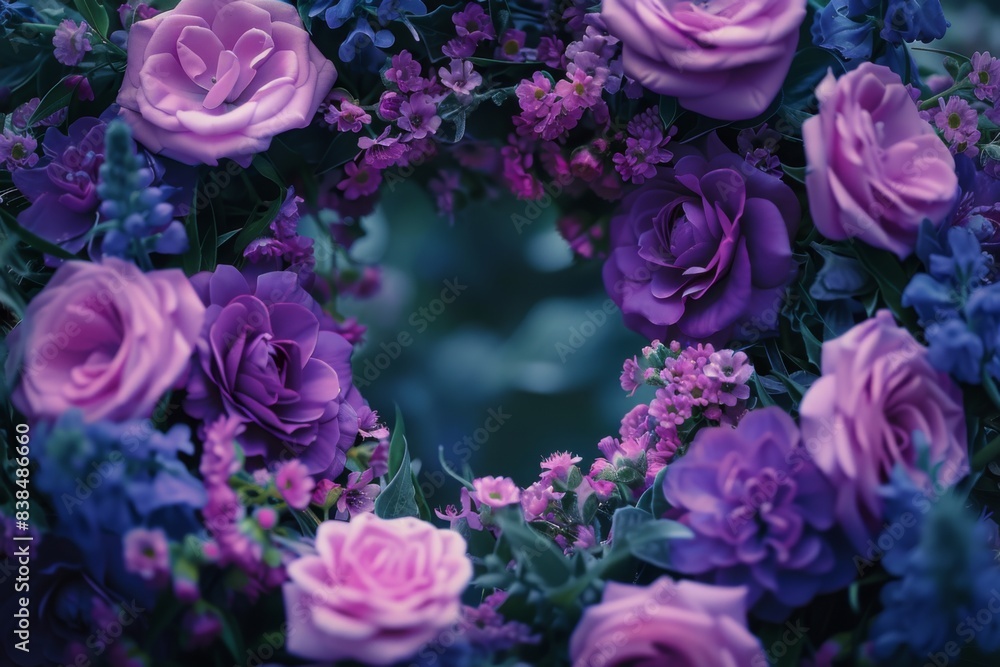 Circular arrangement of blue and purple flowers on a table Circular arrangement of blue and purple flowers on a table