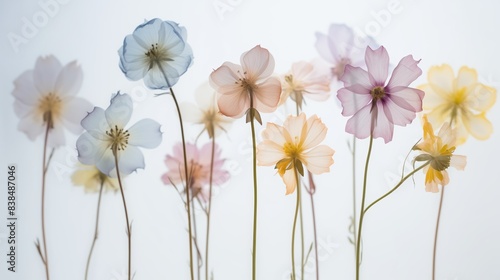 Cute pastel pink, blue and yellow translucent flowers on a white background, with long stems, delicate, simple and minimalistic in the style of photo realistic flat lay with a symmetrical composition