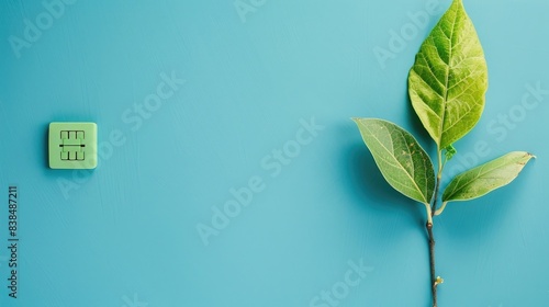 green energy concept with leaf and green electric switch on blue background, top view, flat lay