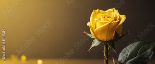 Rose bud on bright yellow background Minimal style Creative monochrome composition. photo