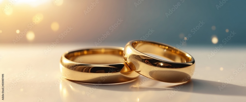 Two golden rings closeup on pastel sunlit background Minimal style. Two golden rings closeup on pastel sunlit background Minimal style.