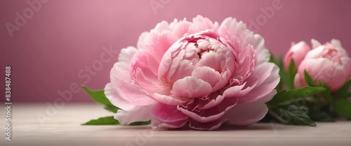 Pink peony flower with white empty blank for text on bright background Nature floral backdrop. © DEER FLUFFY
