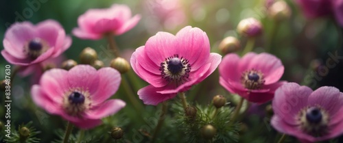 Outdoor composition made of beautiful anemone flowers closeup Nature concept background.