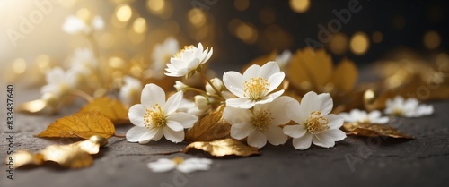 Minimal style composition with golden leaves and white flowers. photo