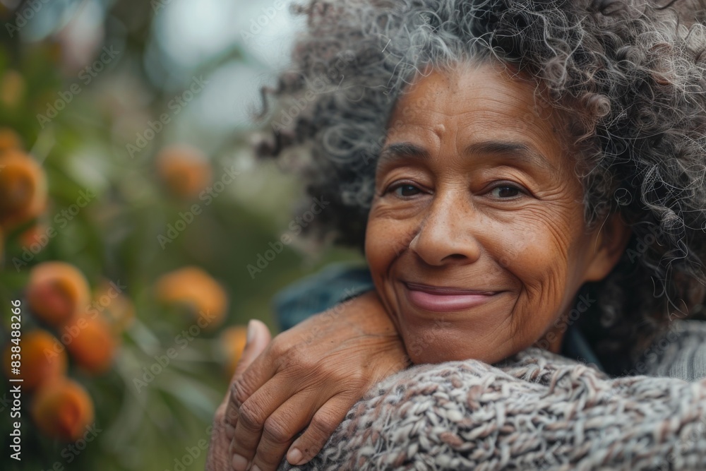 Curly-haired woman smiling in sweater Curly-haired woman smiling in sweater