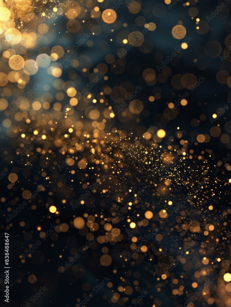 Luxury golden clouded bokeh dust on black backgrounds, ai generative hyper realistic Luxury golden clouded bokeh dust on black backgrounds, ai generative hyper realistic