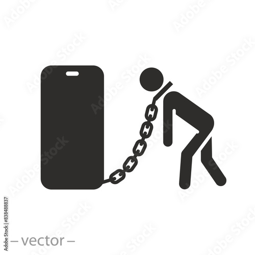 addict with phone icon, internet addiction, social habit, slave and chain on smartphone, attachment detox, flat symbol on white background - vector illustration