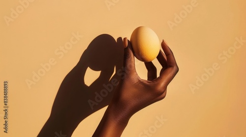 Minimalist background with a female hand holding an egg, using a brown and yellow color palette, with geometric shapes, creating a shadowplay effect, conveying an Easter concept. photo