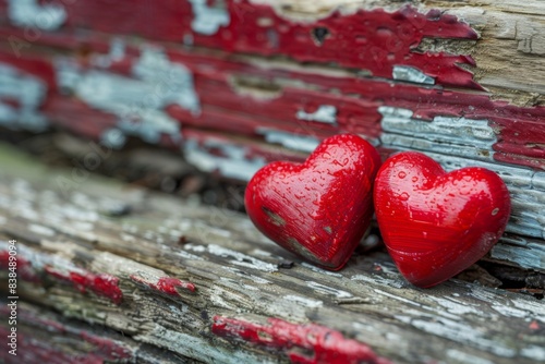 Pair of red hearts on wooden bench photo