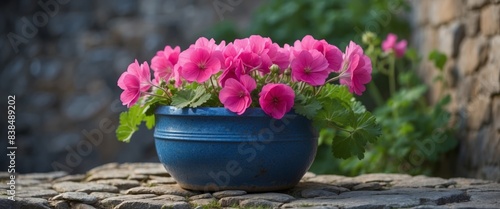 Geranium flowers in blue pot near old stone wall Travel and vacation concept.