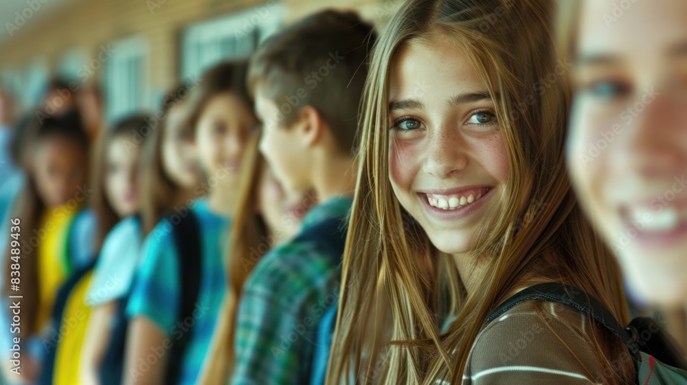 A young woman with blond hair and a striped shirt smiles at the camera in front of other students. A young woman with blond hair and a striped shirt smiles at the camera in front of other students.