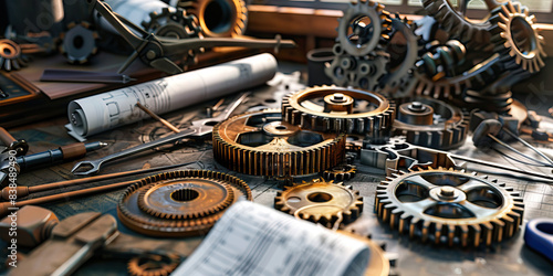 The Industrial Revolution Reborn: A desk filled with gears, cogs, and levers, surrounded by antique tools and blueprints.