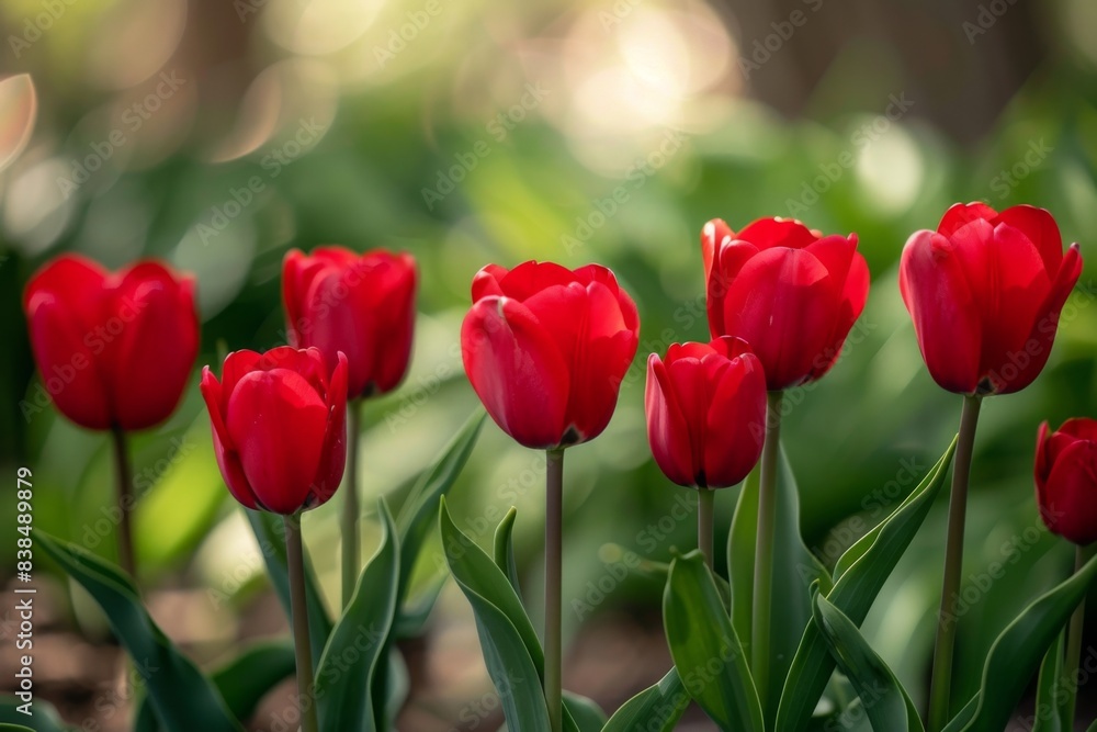 Numerous red tulips amid green foliage