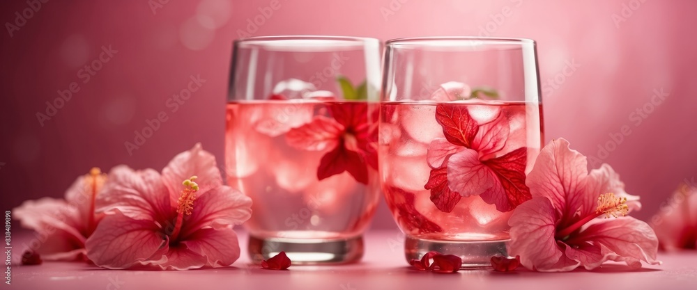 Summer creative composition made of two glasses with hibiscus flower water on pastel pink background Refreshment concept. Summer creative composition made of two glasses with hibiscus flower water on pastel pink background Refreshment concept.