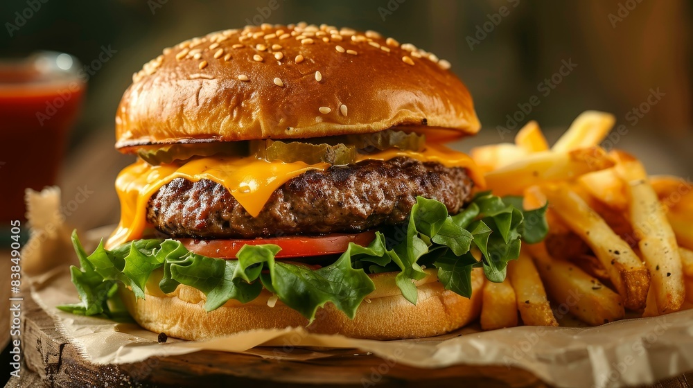 Classic cheeseburger topped with juicy beef patty, melted cheddar, fresh lettuce, and tomato, paired perfectly with crispy fries. Classic cheeseburger topped with juicy beef patty, melted cheddar, fresh lettuce, and tomato, paired perfectly with crispy fries.