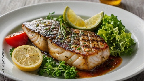 Grilled fish steak with vegetables, Avocado, Barbecue - Meal, Cod, Fillet, Fish, Food, Gourmet, Grilled, Haddock, Hake, Halibut, Horizontal, Lettuce, Meal, No People, Photography,Sauce, Seafood,Serbia