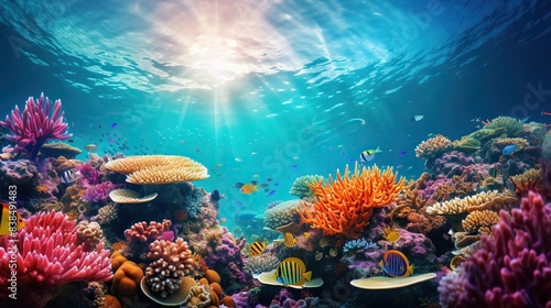 Underwater coral reef teeming with colorful marine life  
