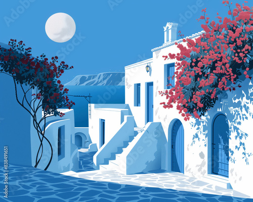 a typical greek village with white walls and bougainvillea flowers above the aegean sea, with a moon rising, Greece photo