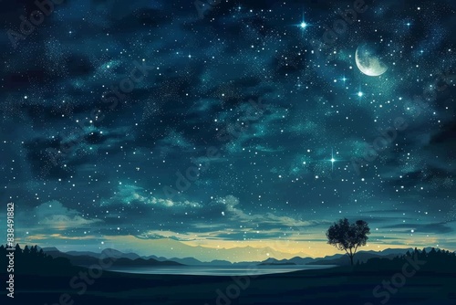Starry night sky with moon, stars, and tree