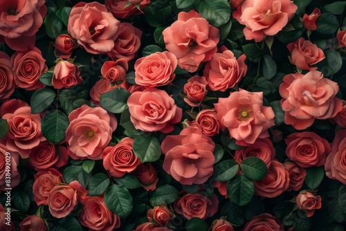 Numerous blooming pink roses in garden