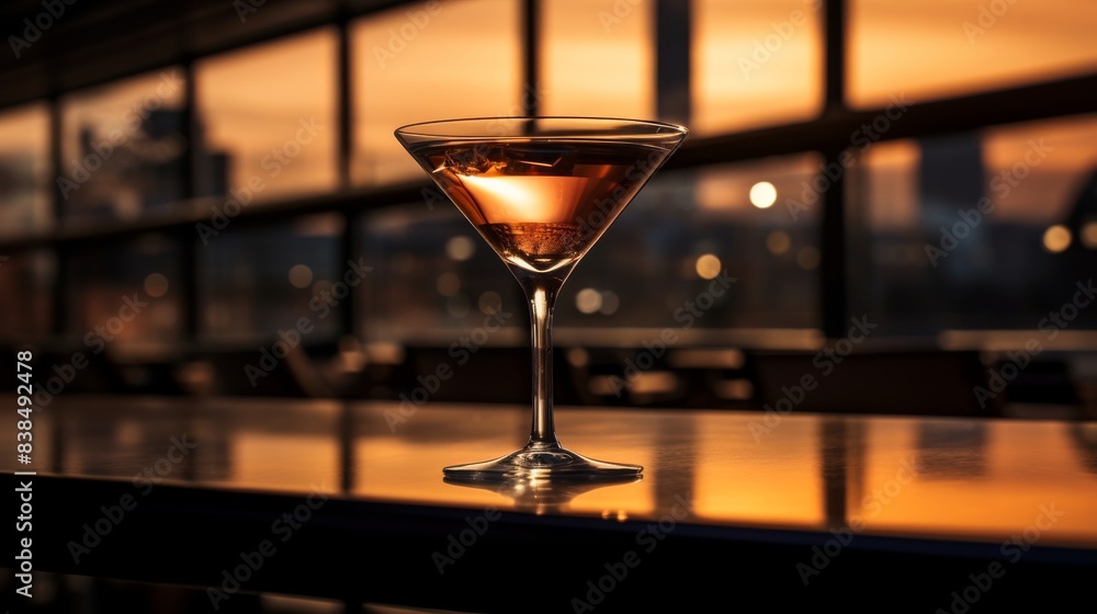 Elegant Martini Glass With A Cocktail Against The Golden Glow Of Sunset. Generative AI Elegant Martini Glass With A Cocktail Against The Golden Glow Of Sunset. Generative AI