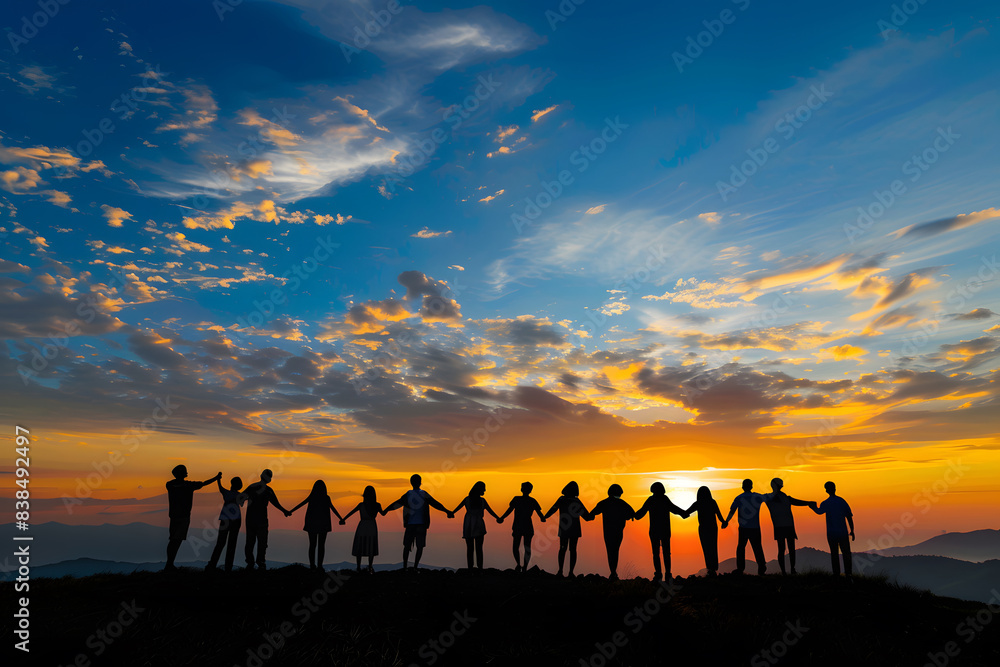 Silhouette of friends holding hands over orange sunset Silhouette of friends holding hands over orange sunset