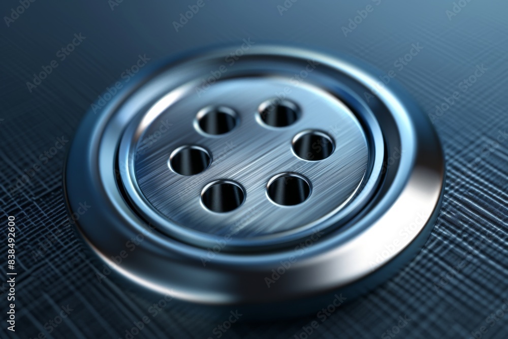 Close-up of metal button with holes on blue surface Close-up of metal button with holes on blue surface