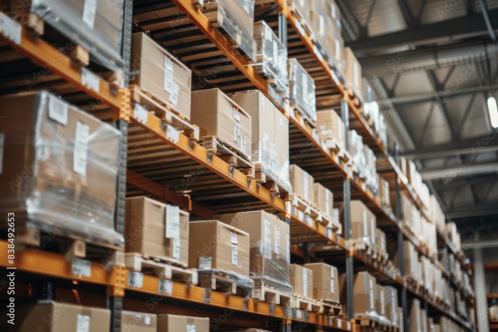 Multiple boxes stored on warehouse shelves Multiple boxes stored on warehouse shelves