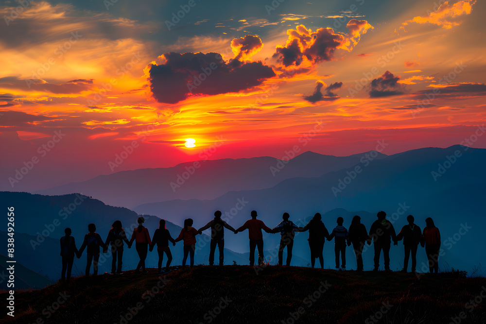 Silhouette of friends holding hands over orange sunset Silhouette of friends holding hands over orange sunset