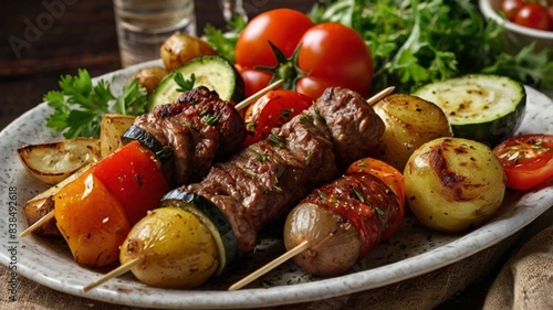 Close-up view of colorful grilled kebabs featuring marinated beef and a variety of fresh vegetables.