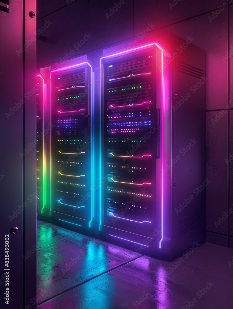the server room in the rack with colorful lights on it hyper realistic the server room in the rack with colorful lights on it hyper realistic