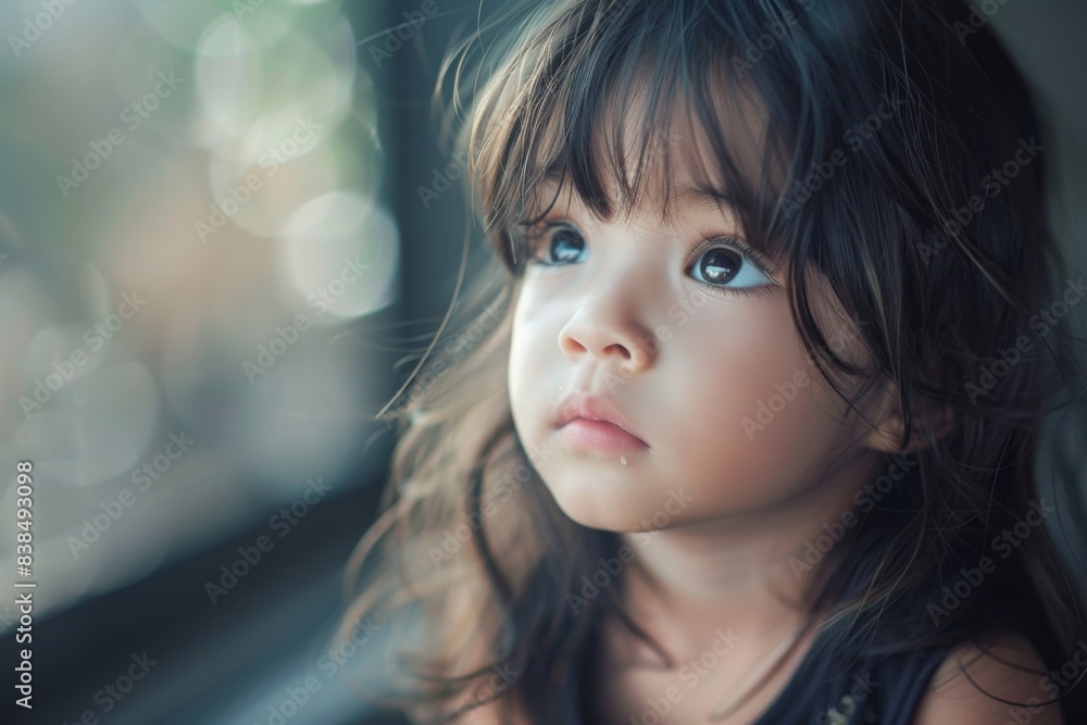 Young girl peers out window with solemn expression Young girl peers out window with solemn expression