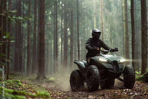 man driving a modern atv in the forest photo