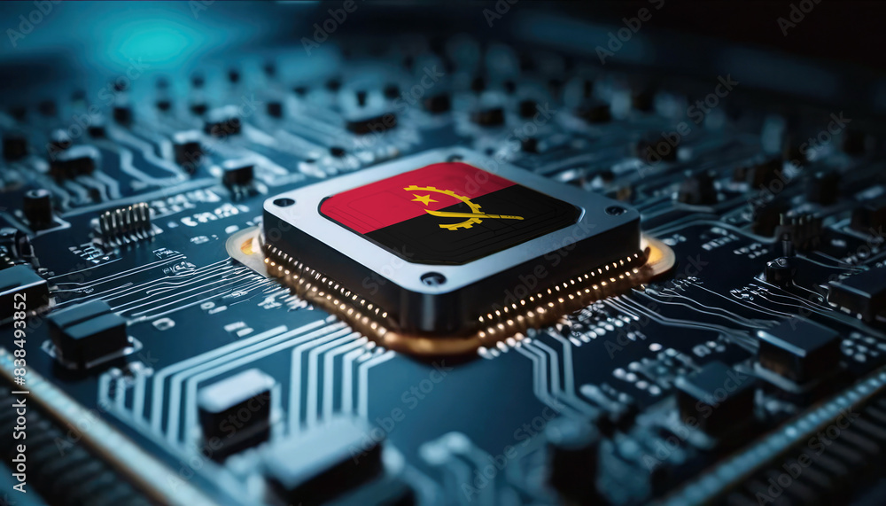 A close-up of a computer chip featuring the Angola flag, highlighting Angola advancements in technology A close-up of a computer chip featuring the Angola flag, highlighting Angola advancements in technology