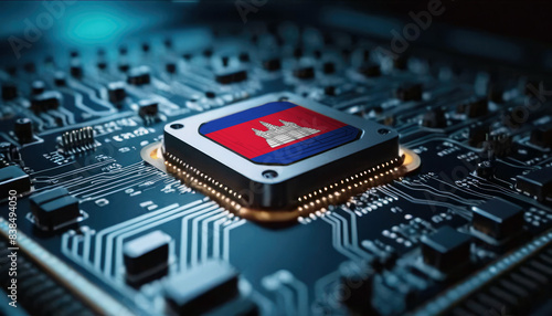 A close-up of a computer chip featuring the Cambodia flag, highlighting Cambodia advancements in technology