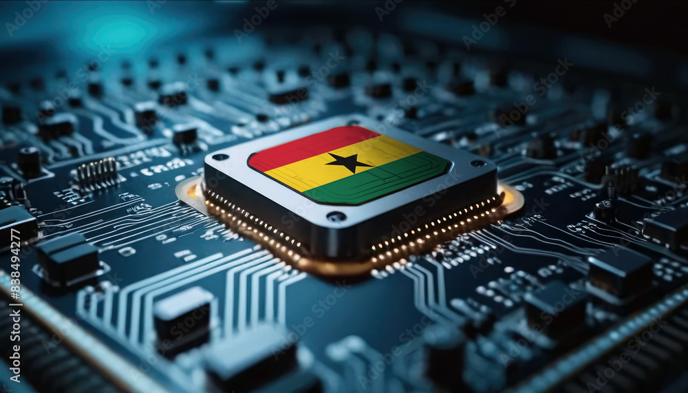 A close-up of a computer chip featuring the Ghana flag, highlighting Ghana advancements in technology A close-up of a computer chip featuring the Ghana flag, highlighting Ghana advancements in technology