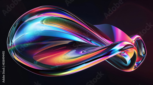 Simple bright rainbow colored futuristic shapes with smooth curves and glowing metallic shine glass in a pitch black space atmosphere of otherworldly light Holographic reflections on surface