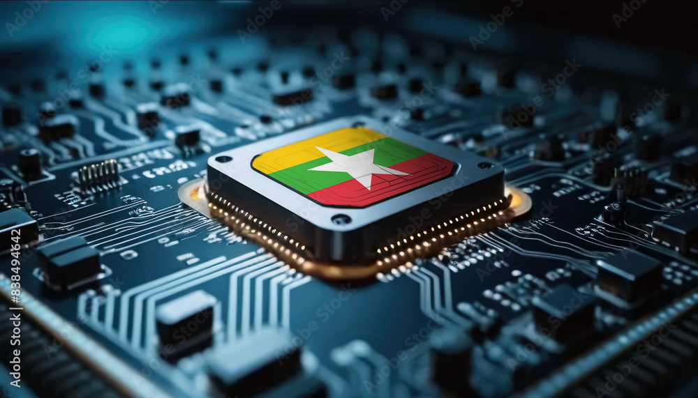 A close-up of a computer chip featuring the Myanmar flag, highlighting Myanmar advancements in technology A close-up of a computer chip featuring the Myanmar flag, highlighting Myanmar advancements in technology