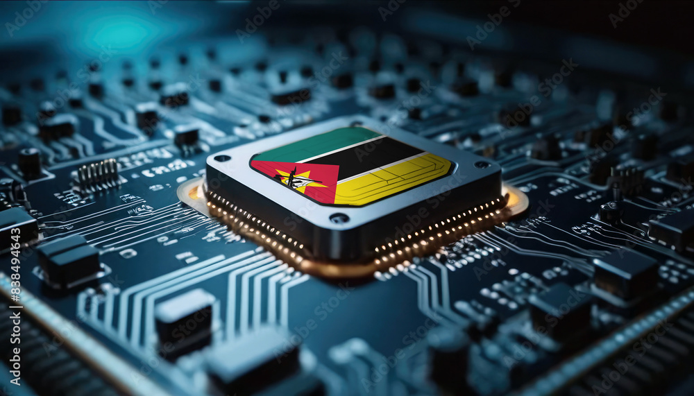 A close-up of a computer chip featuring the Mozambique flag, highlighting Mozambique advancements in technology A close-up of a computer chip featuring the Mozambique flag, highlighting Mozambique advancements in technology