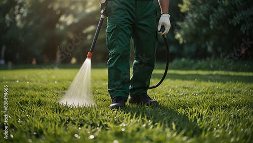 Worker sprays pesticide on lush green lawn outdoors, ensuring effective pest control and maintaining a healthy environment