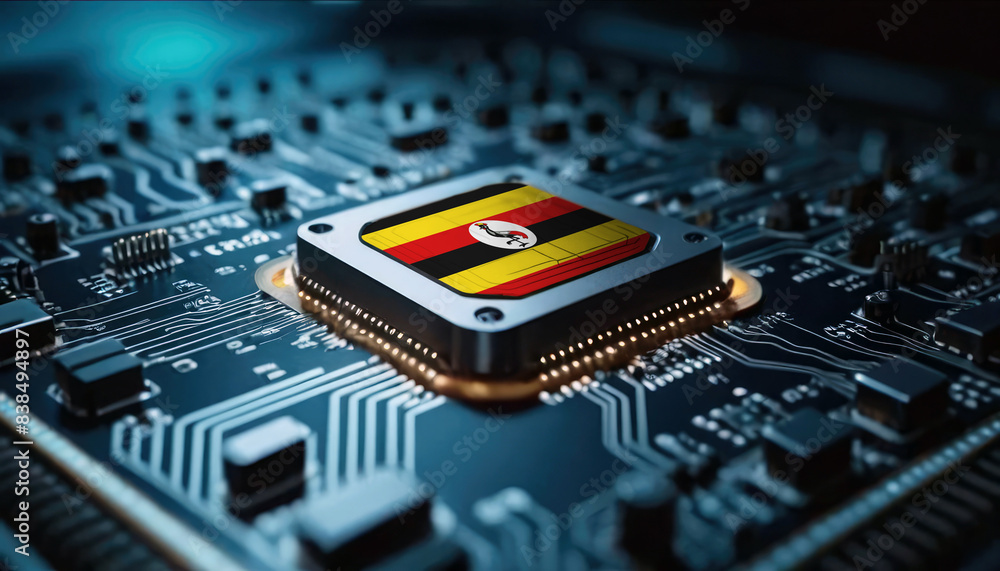 Fototapeta premium A close-up of a computer chip featuring the Uganda flag, highlighting Uganda advancements in technology