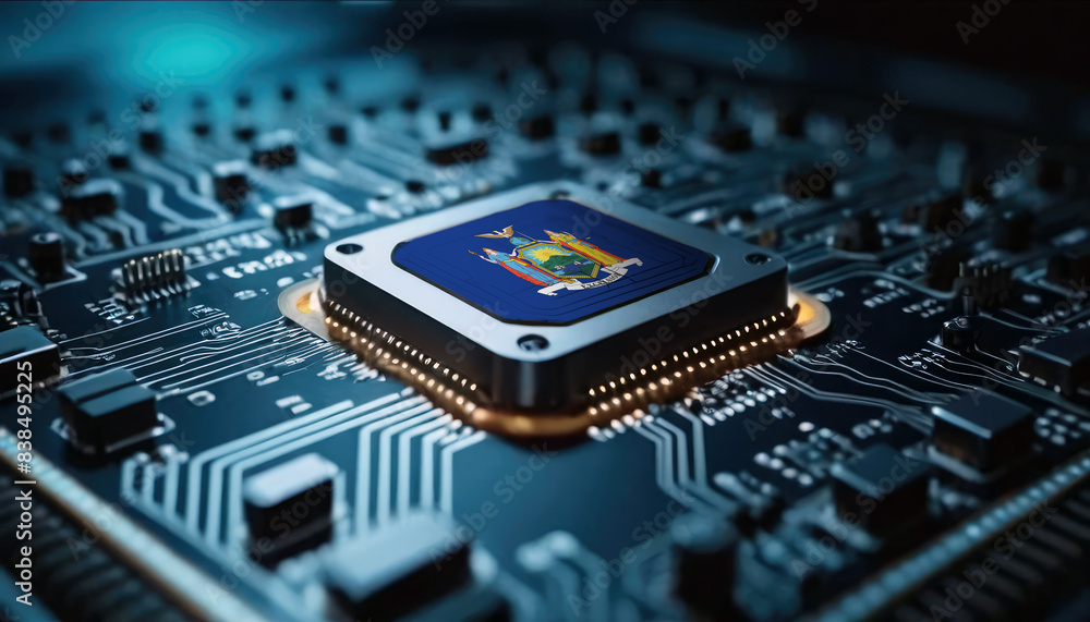 A close-up of a computer chip featuring the New York flag, highlighting New York advancements in technology A close-up of a computer chip featuring the New York flag, highlighting New York advancements in technology