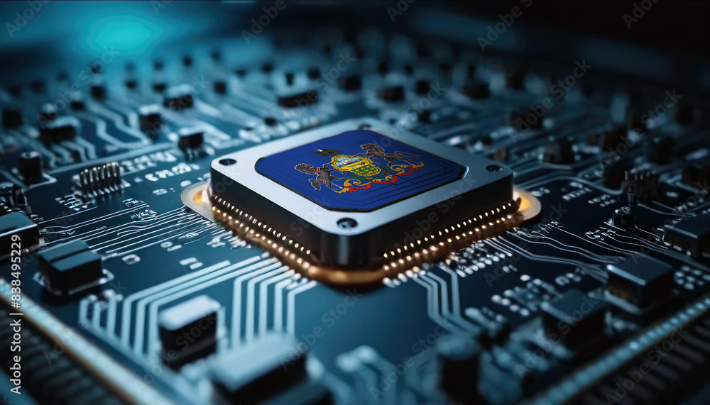 A close-up of a computer chip featuring the Pennsylvania flag, highlighting Pennsylvania advancements in technology A close-up of a computer chip featuring the Pennsylvania flag, highlighting Pennsylvania advancements in technology
