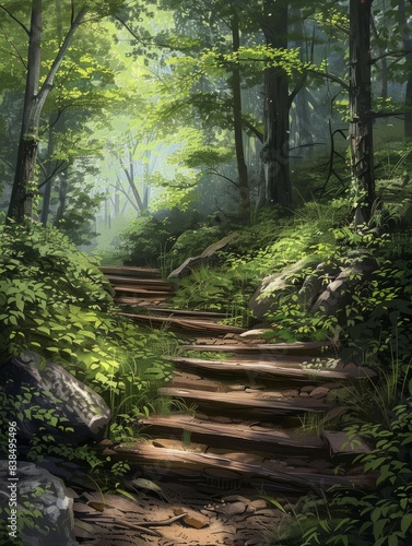 A path in the forest with wooden steps hyper realistic 