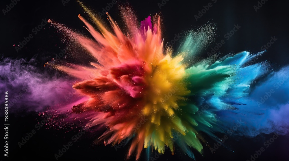 rainbow dust powder particles explosion, on black background for overlay