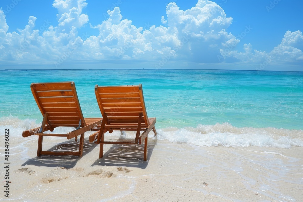 Two chairs on beach facing ocean with blue sky Two chairs on beach facing ocean with blue sky